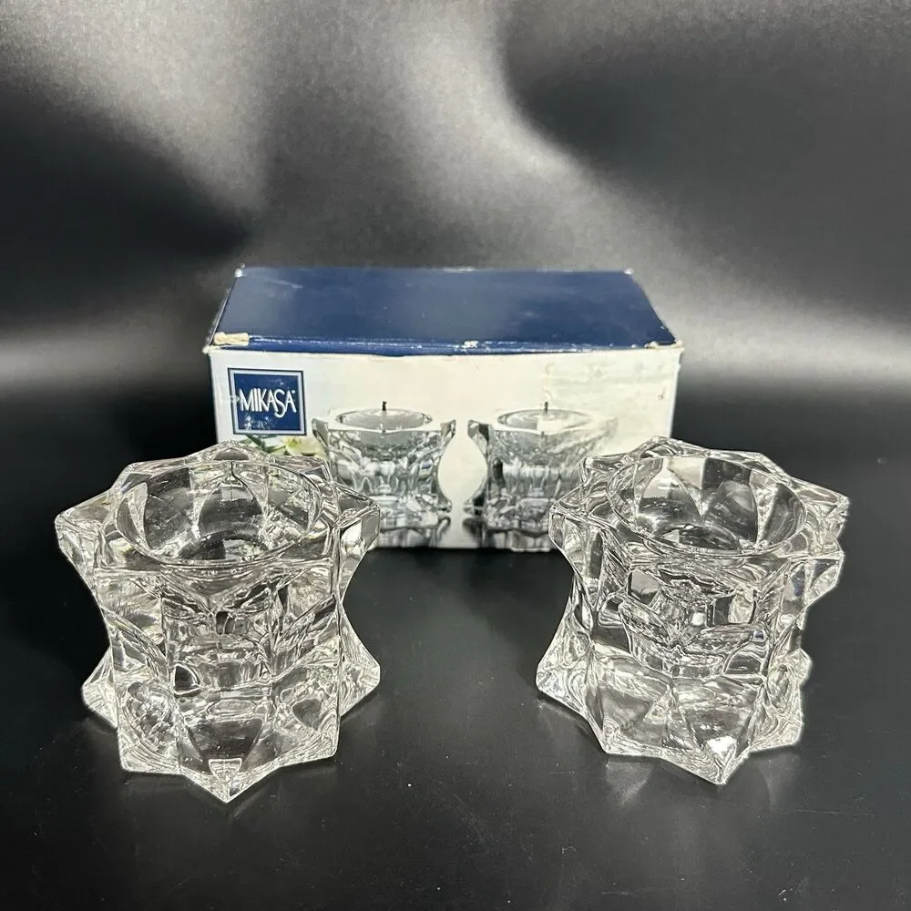Vintage Mikasa Sparkling Star Crystal Candle Holders Set 2 Reversible w/ Box